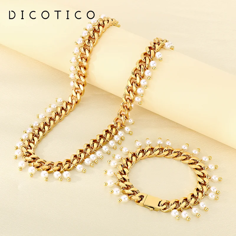 

Fashion Personalized Stainless Steel Creative Cuban Chain Hanging Imitation Pearl Tassel Accessories Charm Jewelry 2-piece set