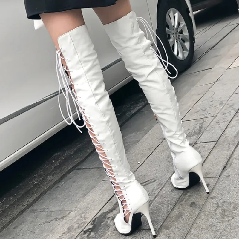 Sexy Women Thigh High Boots Peep Toe Thin High Heels Over Thr Knee Bootas Pu Leather Lace Up Long Booties Summer Ladies Shoes