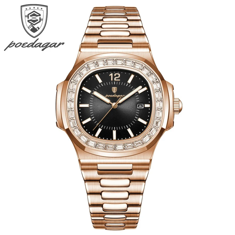 

POEDAGAR New Luxury Rose Gold Quartz Watch for Men Stainless Steel Sports Waterproof Luminous Date Fashion Square Men's Watches