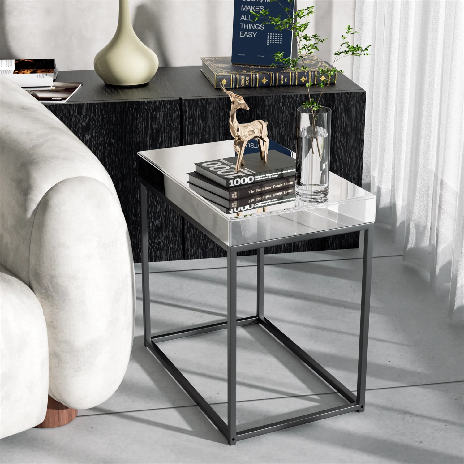 Minimalist Mirrored End Table Side Table Nightstand with Silver Mirror Glass Tabletop Open Shelf