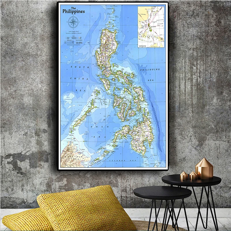 ملصق حائط عتيق ، 150 × 100 سنتيمتر ، خريطة فلبينية ، قماش غير منسوج ، بطاقة زخرفية ، ديكور منزلي ، غرفة معيشة ، 1986
