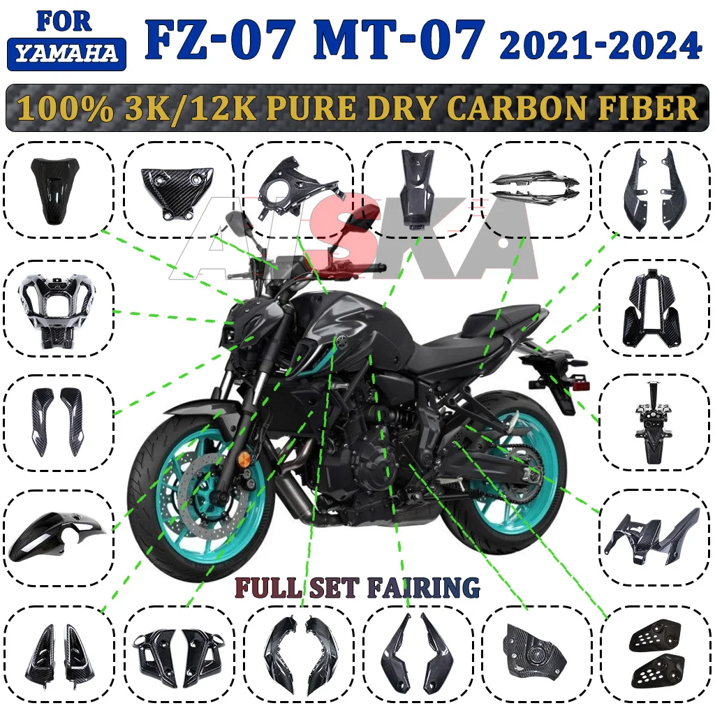 For Yamaha FZ-07 MT-07 MT07 2021-2024 100% Carbon Fiber Motorcycle Fender Tank Air Intake Tail Cover Panels Fairing Accessories