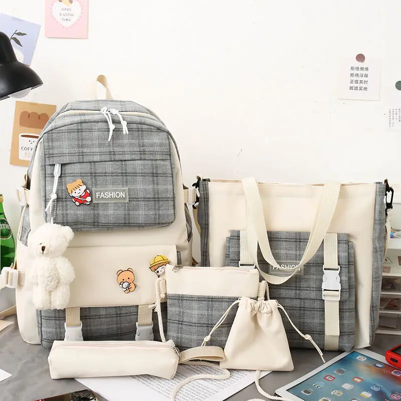 Girls 5/pce Set Simple Large Capacity Kids Backpack Student Casual Nylon School Bag Color Blocking Versatile Multilayer Backpack