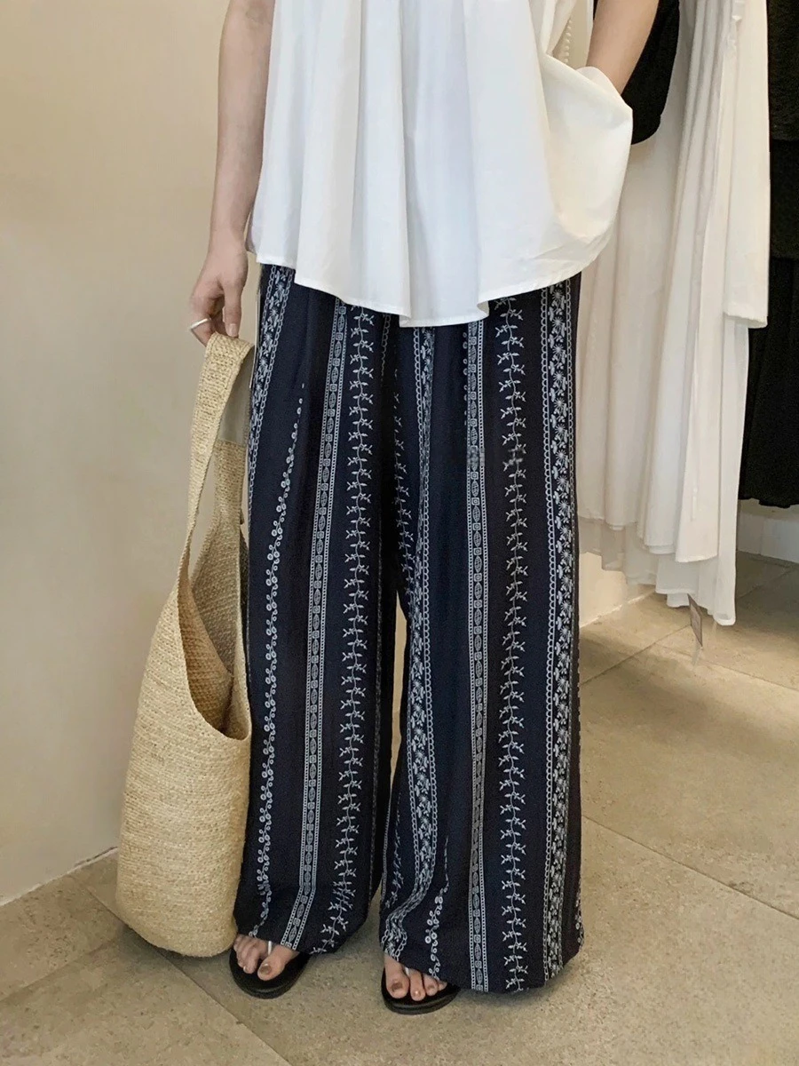 Vintage Vintage Harajuku Floral Print Wide Leg Pants Women Elastic High Waist Straight Trouser Design Summer Pants Casual Loose