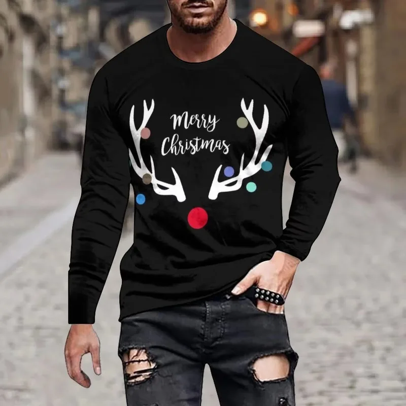 

Funny 3D Christmas Elk Pattern Men's Long Sleeve T-shirt Casual O-neck Loose Pullover Fashion New Year X'mas Tops Autumn T Shirt