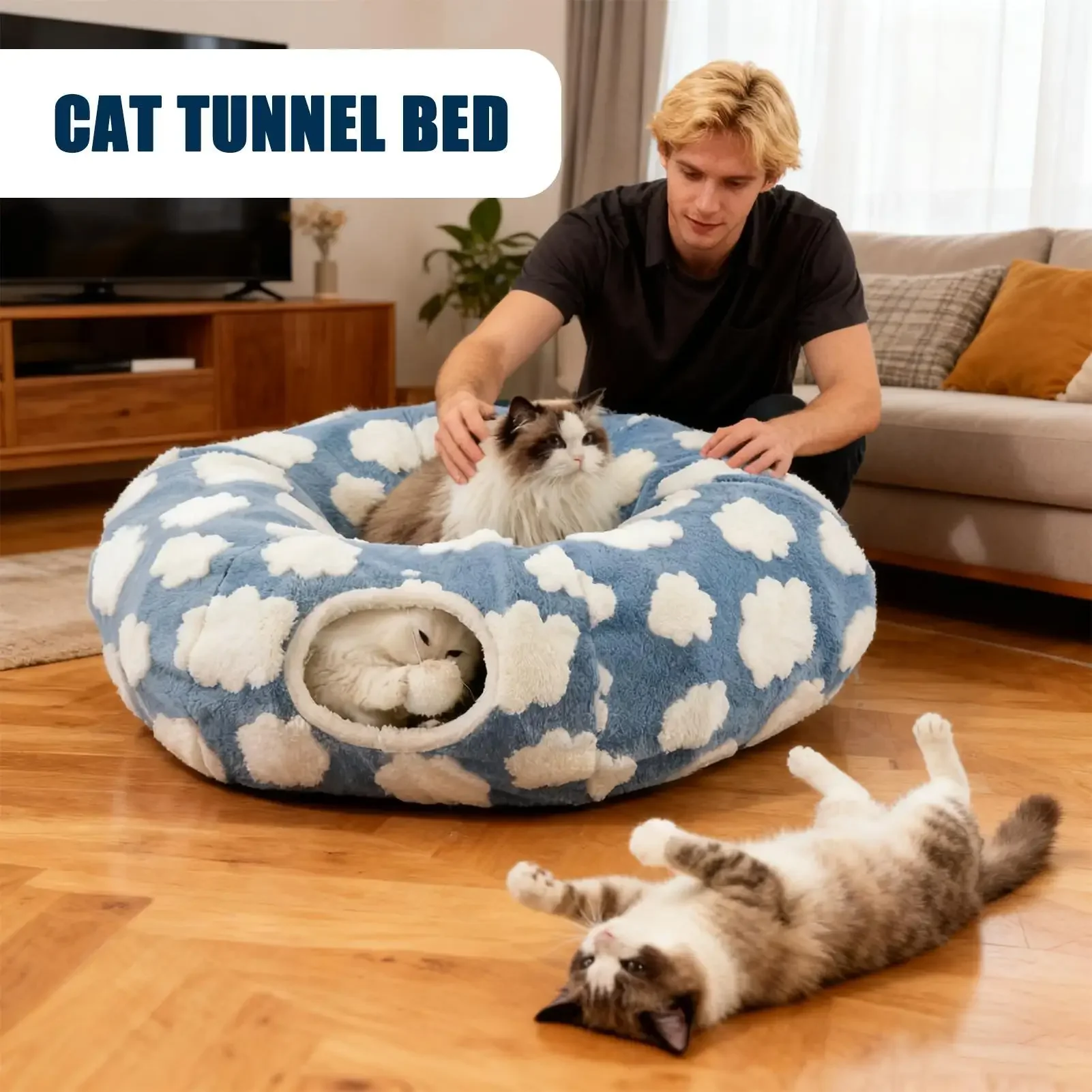 Cat Play Tunnel Washable Nest with Removable Cushion Cute Cat Tunnel Bed Toys for Kitten Puppy Small Dog Bunny Pet Enrichment