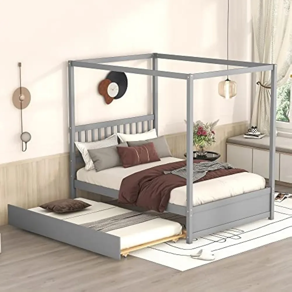 Bellemave Full Size Canopy Bed with Trundle Bed, Solid Wood Platform Headboard, Slat Support Modern 4 Poster for Kids, Teens, Ad