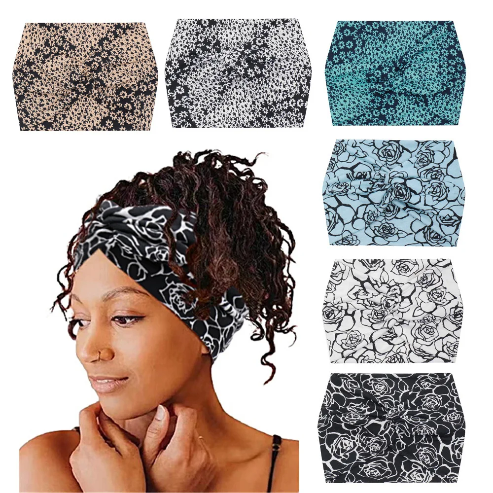 Flower Yoga Headbands For Women\'s Hair Extra Wide Thick Stretchy Boho African Turban Knotted Tie Dye Head Bands