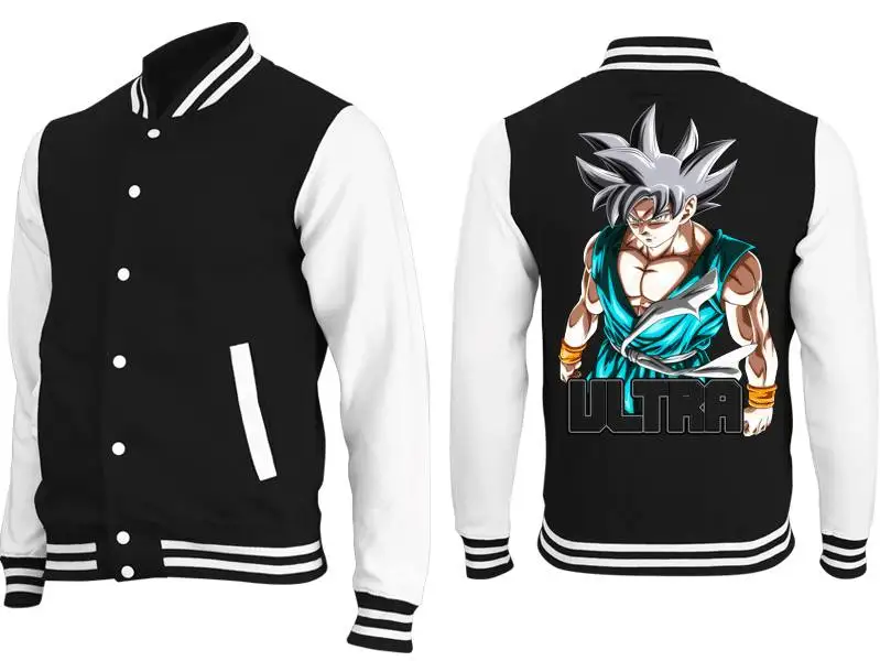 

Anime Baseball Jacket Black White Varsity Coat with Silver Haired Character Back Print and Bold Text Design Unisex Outerwear​​