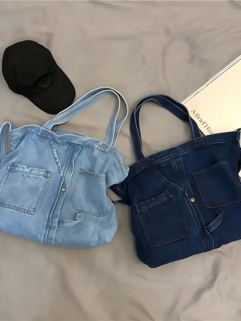 CGCBAG-Bolsos de mensajero de lona de mezclilla para mujer, bolso de mano de gran capacidad, bolso de hombro femenino sólido Simple, bolsos de compras