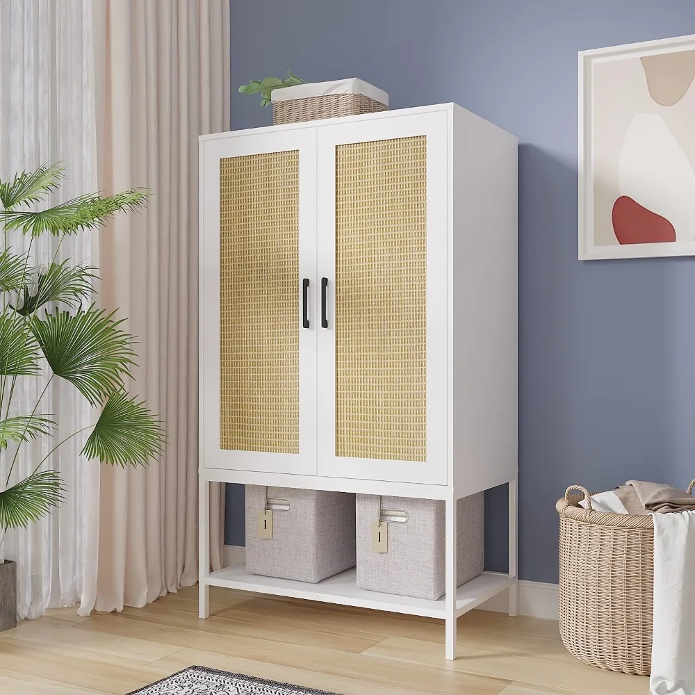 

Wardrobe Closet with 2 Doors，Rattan Bedroom Armoires with Hanging Rod Freestanding Wooden Wardrobe Cabinet