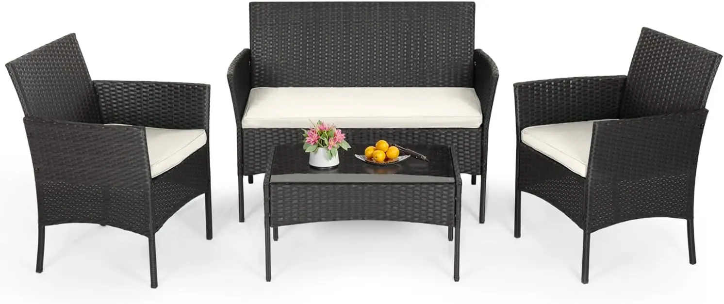Black weather-resistant 4-piece modern rattan wicker outdoor seating set with glass coffee table, multi-person conversation furniture for porch, garden and lawn daily rest