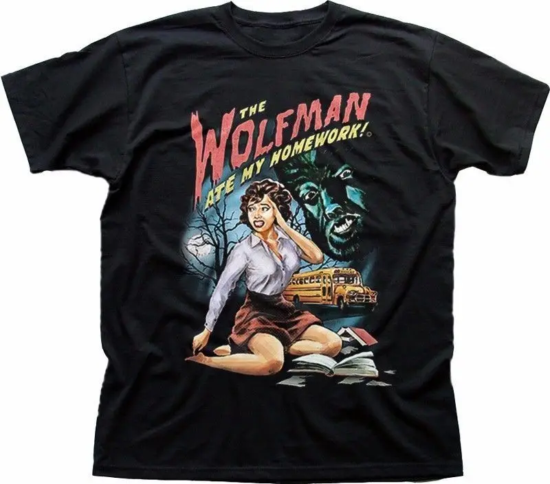 The Wolfman Ate My Homework Werewolf Funny B Movie Black Cotton T-Shirt 9328