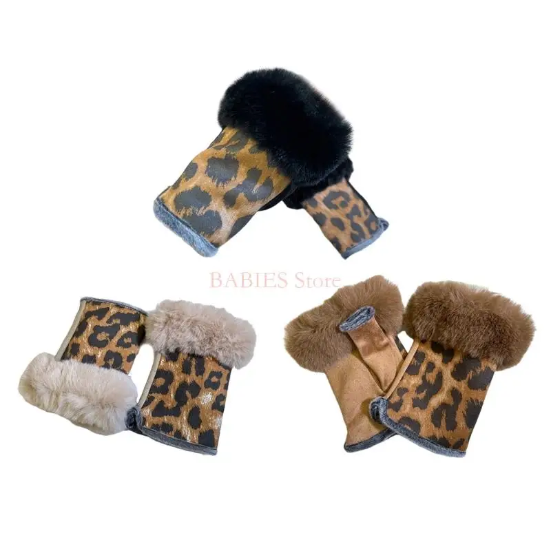 

C9GB Fashion Leopard Print Warm Gloves Suedes Leather Rabbit Furs Wrist Plush Mittens