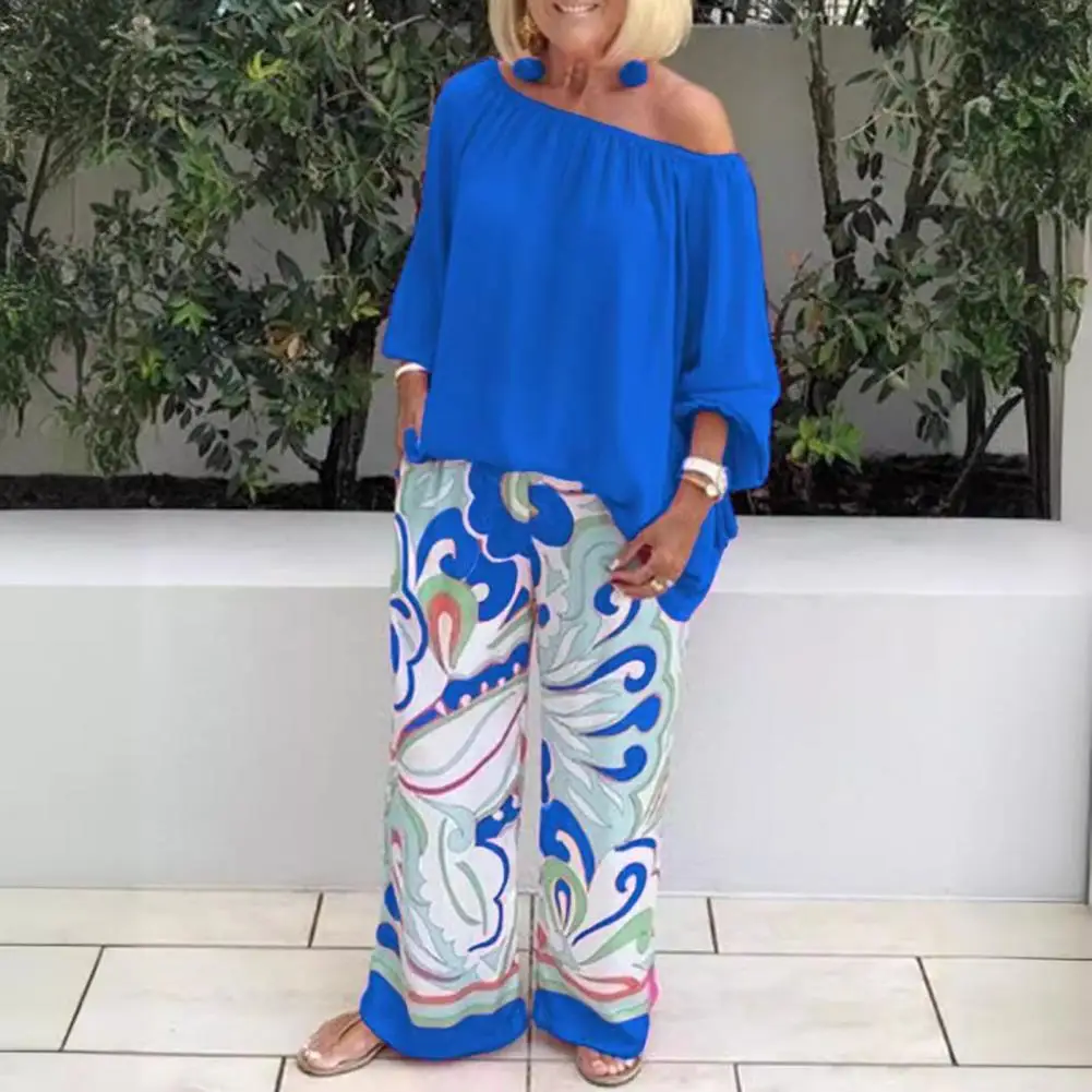 Women Wear Set Women Loose Top Pants Set Chic Printed Blouse Pants Set Slant Neck One Shoulder Top with Wide Leg for Women