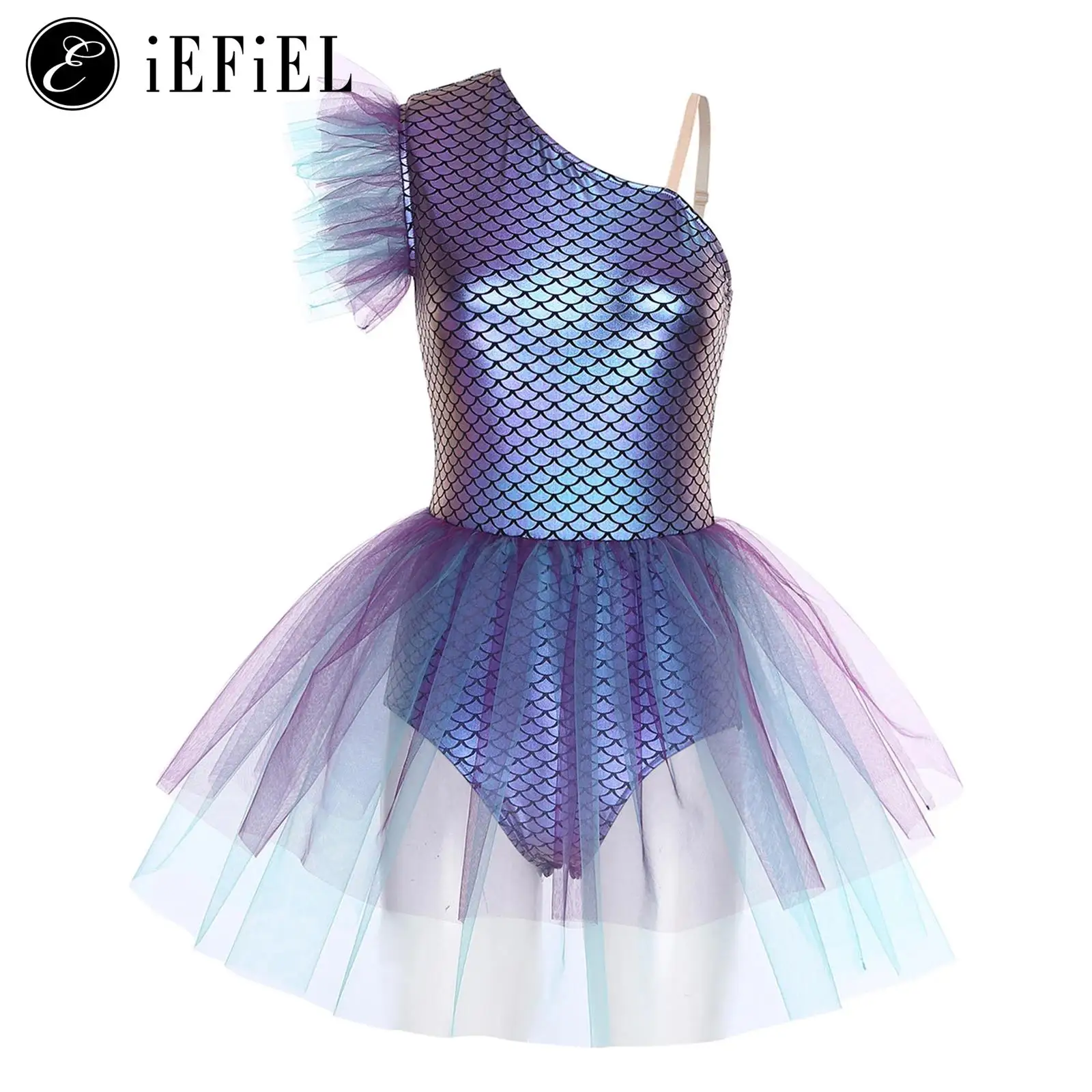 

Womens Halloween Mermaid Cosplay Costume Mermaid Ballet Tutu Dress Fish Scale Print Iridescent Metallic Tulle Gymnastics Leotard
