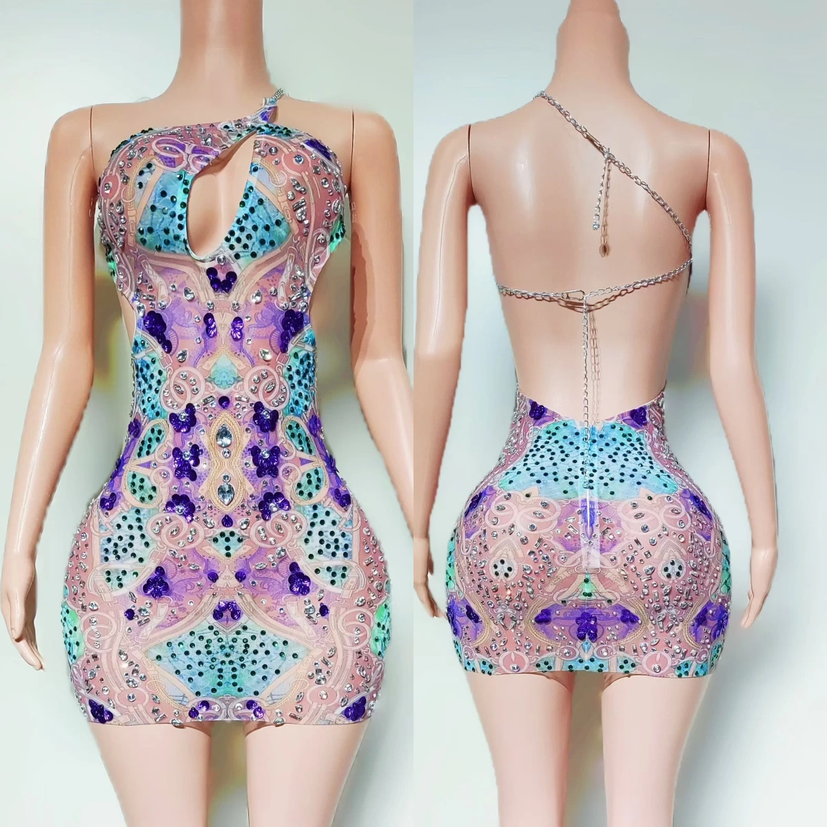 

Club Party Costume Multicolor Sparkly Rhinestone One Shoulder Mini Dress Backless Nightclub Party Stage Performance Wear Xuri