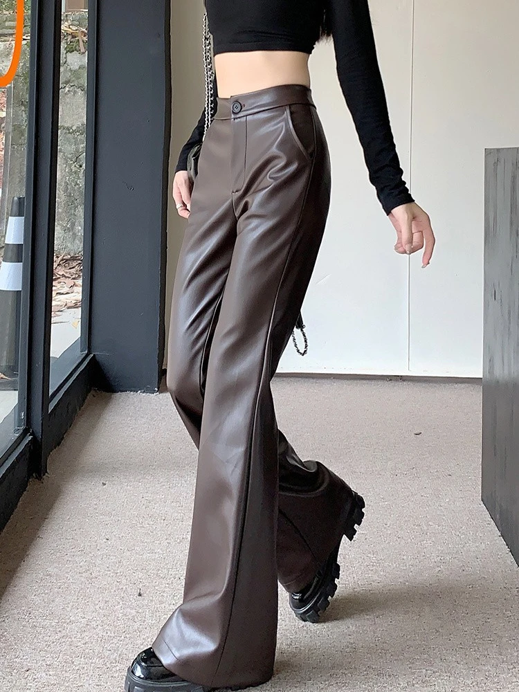 Fashion Pants Women PU Faux Slim-Fit Chic Autumn Winter High Waist Daily New Street Wear Solid Color Slim Flare Trousers