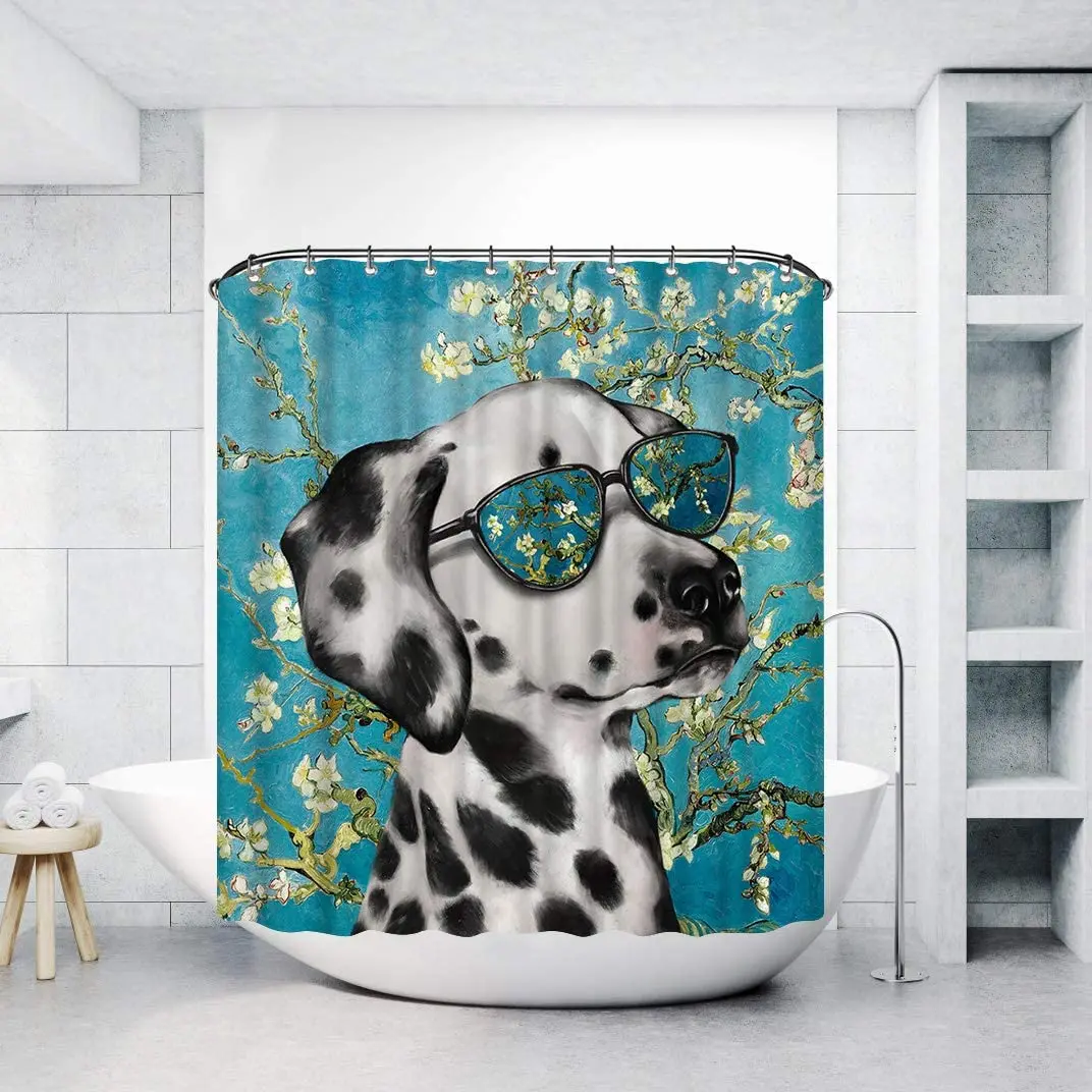 Funny Shower Curtain Spotted Dog With Van Gogh Almond Blossom Print Flower For Bathroom With Hooks