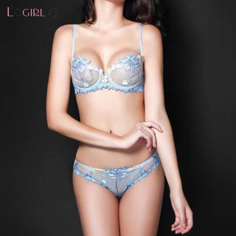 Logirlve Top Sexy Bra Set Women Bras See Through Flowers Embroidery Lingerie Transparent Lace Ultrathin Lady Pink Underwear Set