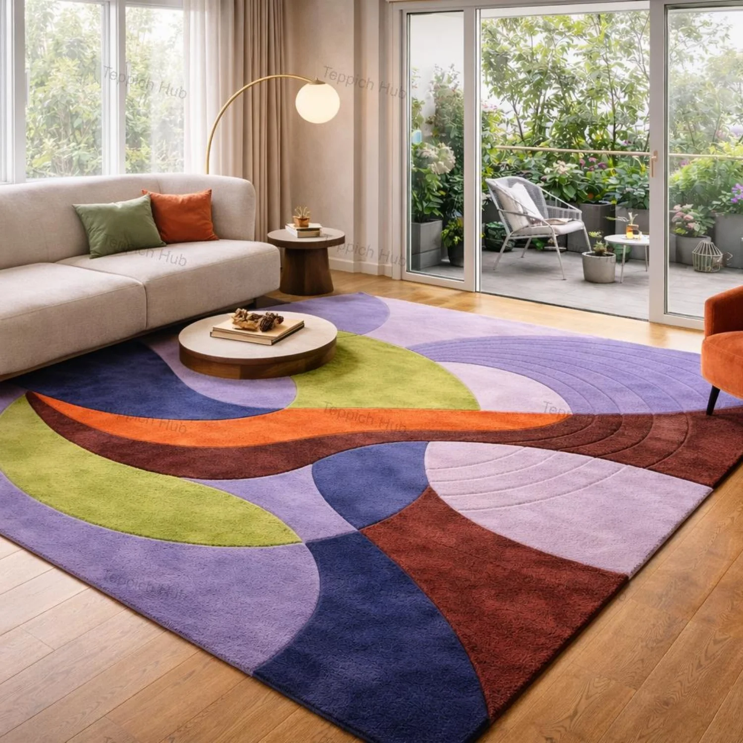 Room Decor Rug  Lavender Wave Abstract H1and Tufted Wool Rug, Modern Colorful Living Room Carpet, Oversize Rug