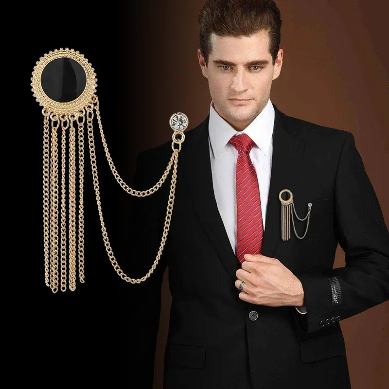 

New Fashion Metal Rhinestone Crystal Brooch Men's Suit Shirt Collar Pin Gold Tassel Corsage Brooches Jewelry Luxury Accessories