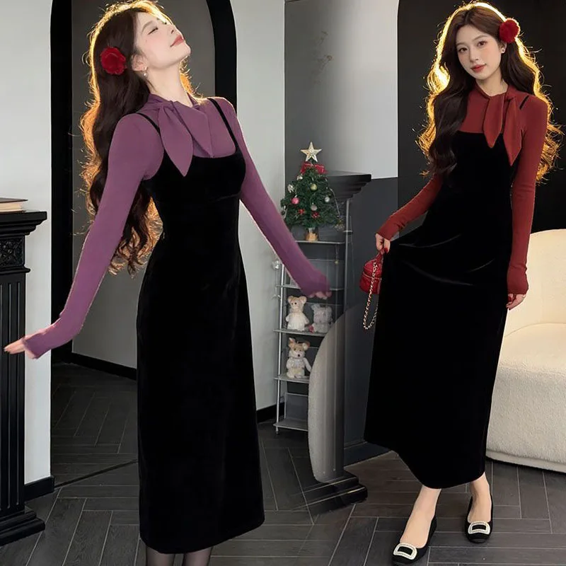

Spring Vintage Women's Velvet Dress Set Strapless Midi Skirt Top Bottom Matching High Waist Elastic French Style Fashion Set