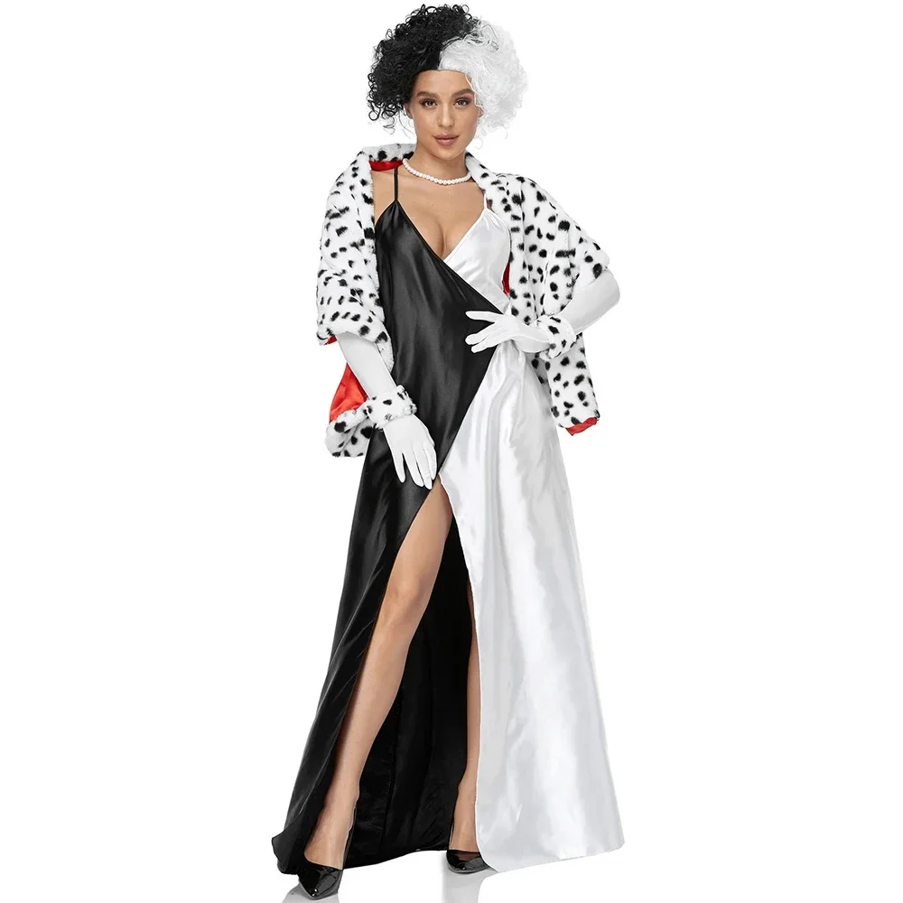 

Halloween Sexy Black and White Witch Cape With Spotted Dog Leopard Print Shawl Sling Dress Circus Cape Suit Masquerade Costume