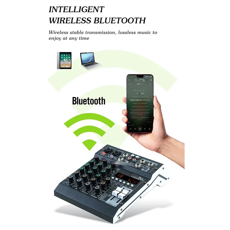 

OFSS-HM-4M 4 Channel Studio Audio Mixer Sound Mixing Console For PC Recording DJ Stage Family KTV Campus Speech Meeting