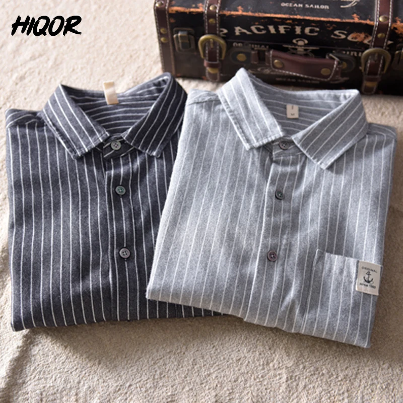 HIQOR 2024 New In 100% Cotton Long Sleeve Men\'s Shirt Loose Man Business Casual Shirts Classic Striped Male Social Dress Shirts