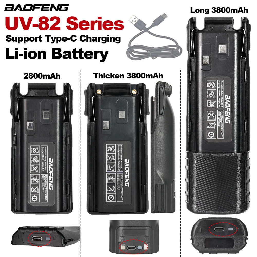 

BAOFENG UV-82 Li-ion Battery Type-C Charging BL-8 For Walkie Talkie UV82 UV-8D UV-89 UV-82HP UV-82HX UV-82 Plus Two Way Radios