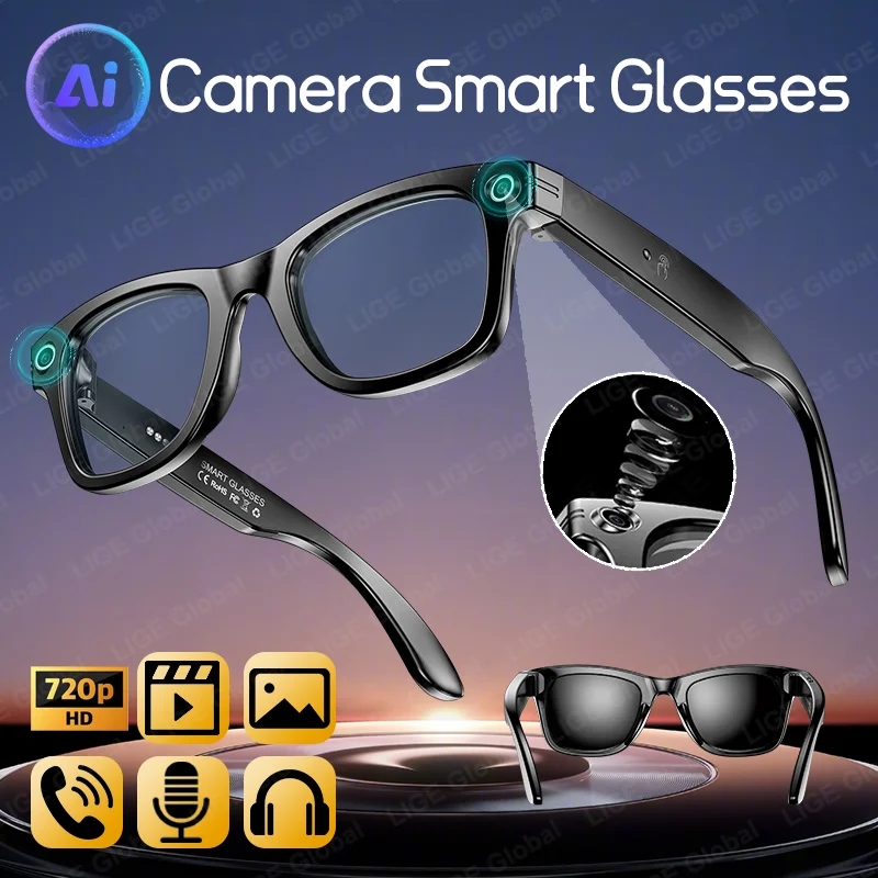 

LIGE AI Smart Glasses 720P Camera Video Recorder Bluetooth Call 260mAh Battery Voice Assistant Control Sunglasses For Men Women