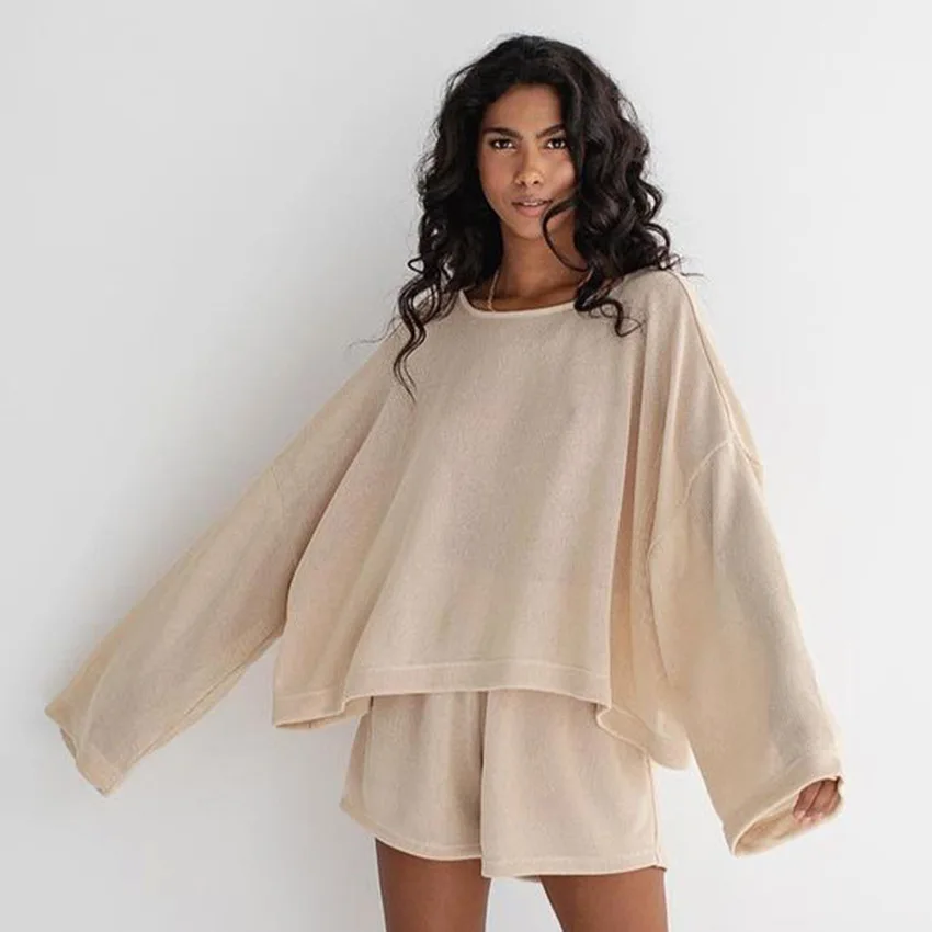 New Summer European American Women's Two Piece Set Loose Fitting Long Sleeve Cotton Linen Pajamas Shorts Comfortable Loungewear