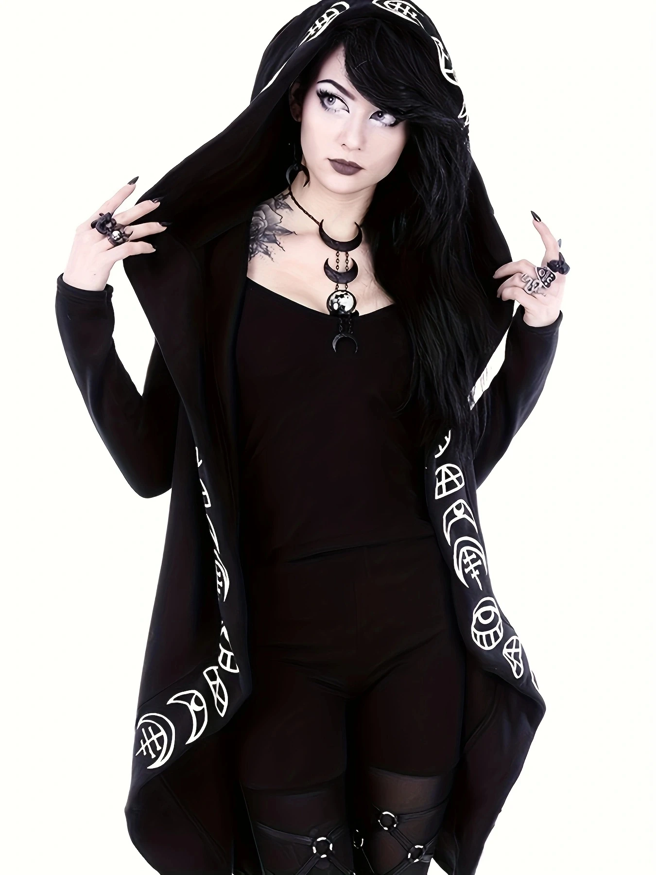 Enchanting Gothic Hooded Cardigan - Witchcraft-Inspired Design, Cozy Long Sleeves, Versatile for Casual Wear