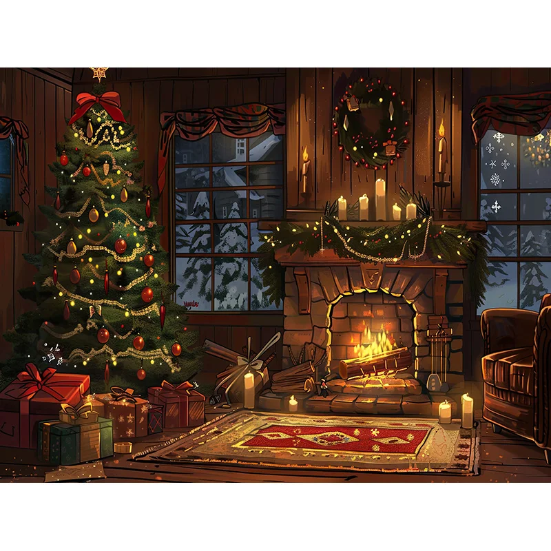Soggiorno decorato con albero di natale fotografia fondali puntelli capodanno vacanza camino sfondo festa al coperto JS-08
