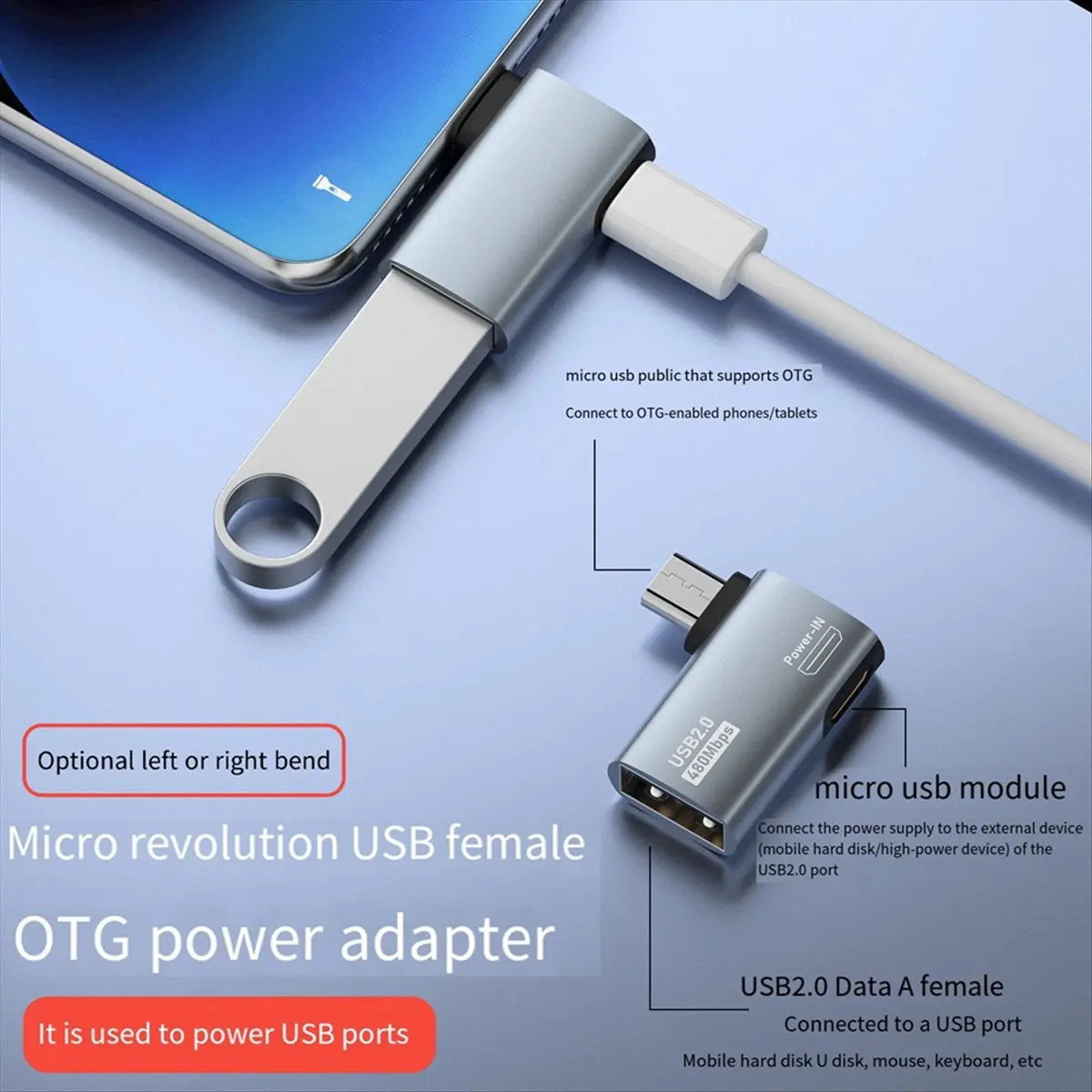 DT501/4K OTG Cable Adapter Power Supplied Micro-USB to USB with Angle Design. Suitable for Tablet, TV(Left)