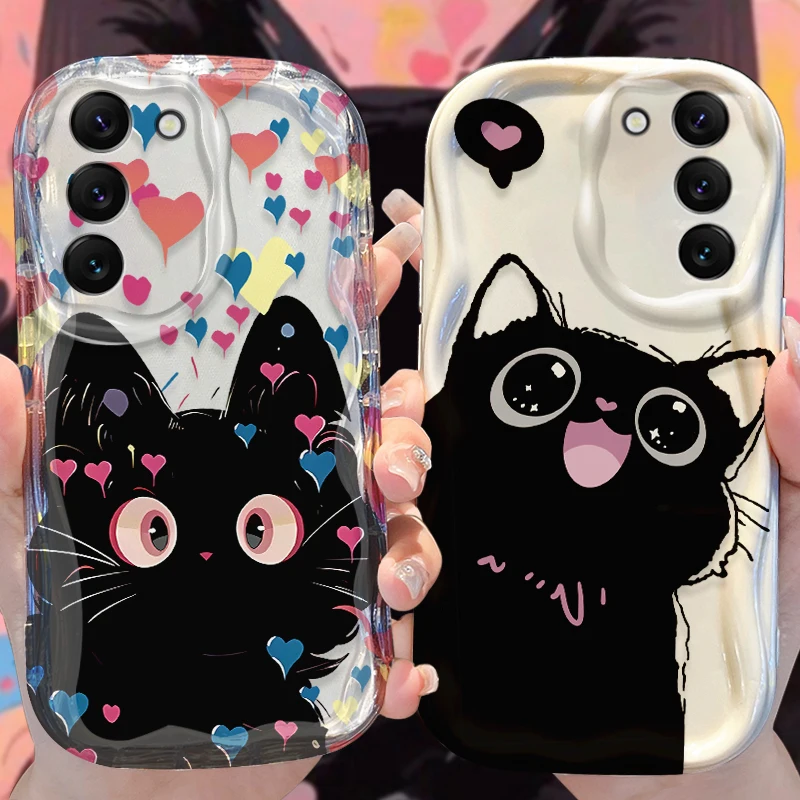 Black Cat Wave Case for Samsung Galaxy S24 S23 S22 S21 Ultra Plus S20 FE A73 A72 A71 A55 A54 5G A53 A52 A51 4G A50S A50 Cover