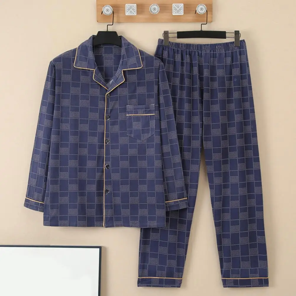 Conjunto de pijama de manga comprida masculino, pijama solto, camisa de manga longa, calça larga para pai de meia idade, primavera, verão