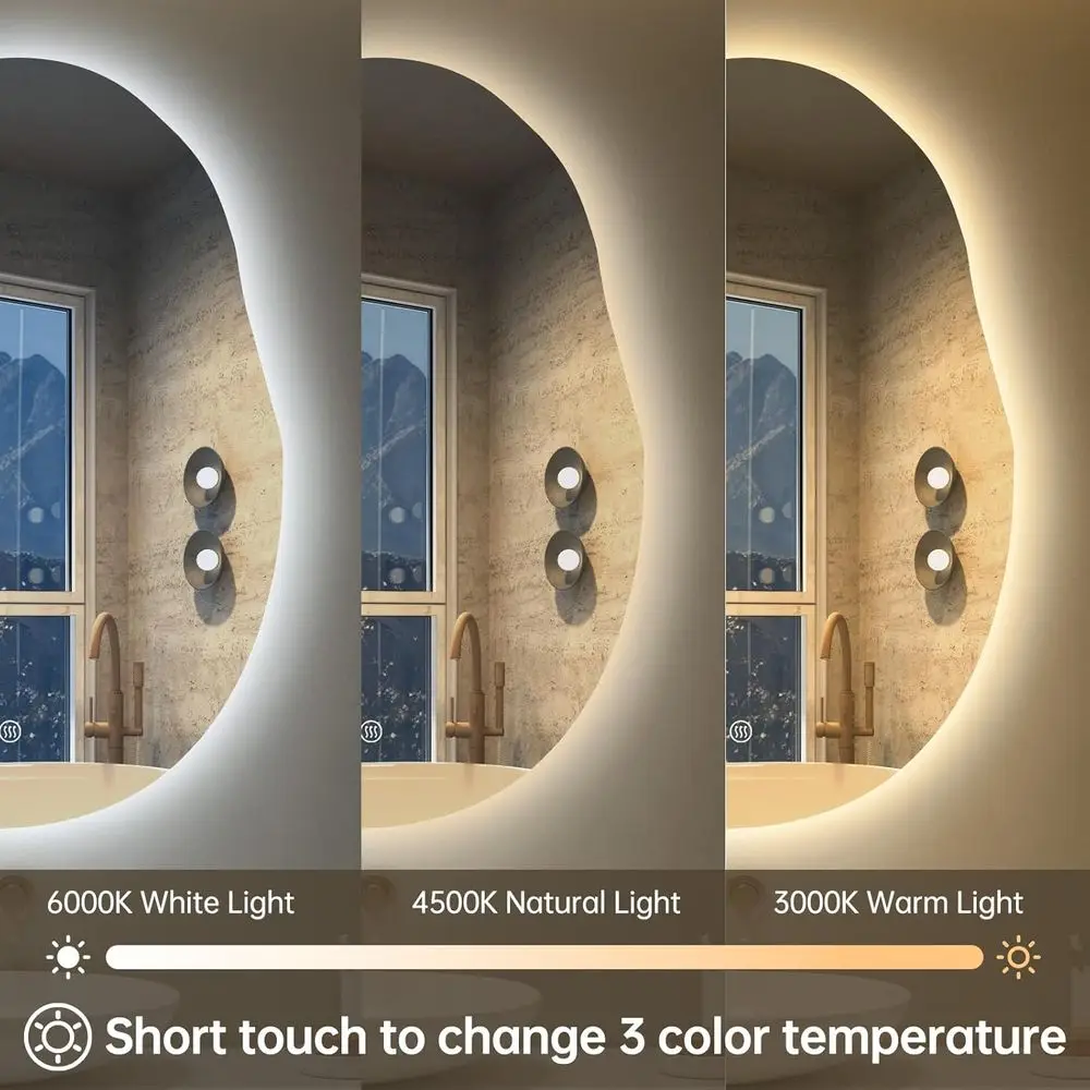 24x32 Inch LED-Illuminated Bathroom Mirror, Asymmetrical Design, Fogless, Dimmable, 3 Color Options, Horizontal/Vertical Mount