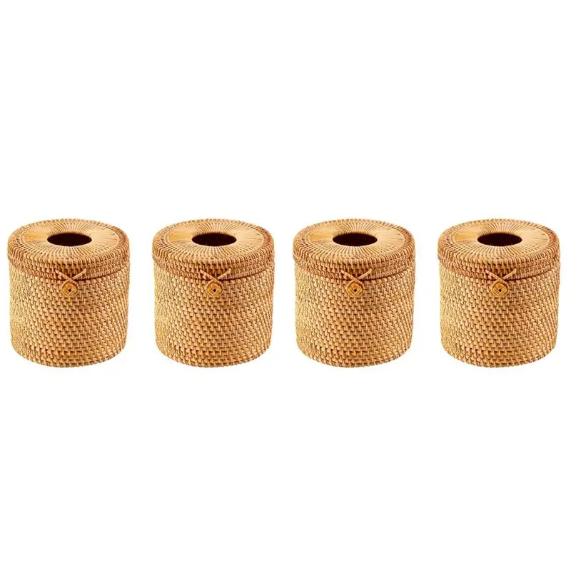

【HAPPY】4Pcs Rattan Tissue Box Toilet Paper Cover Wicker Decorative Holders With Lid For Storage Single Roll And Tissues