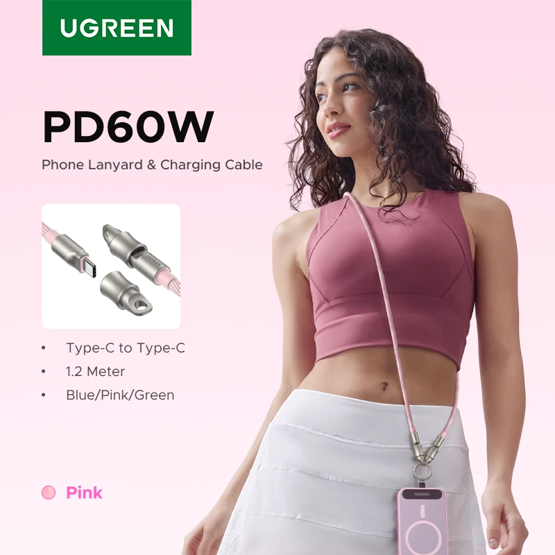 

UGREEN PD60W USB-C Lanyard Charging Cable 2-in-1 Type-C Wearable Cable Travel Crossbody for iPhone 17 16 Samsung Xiaomi