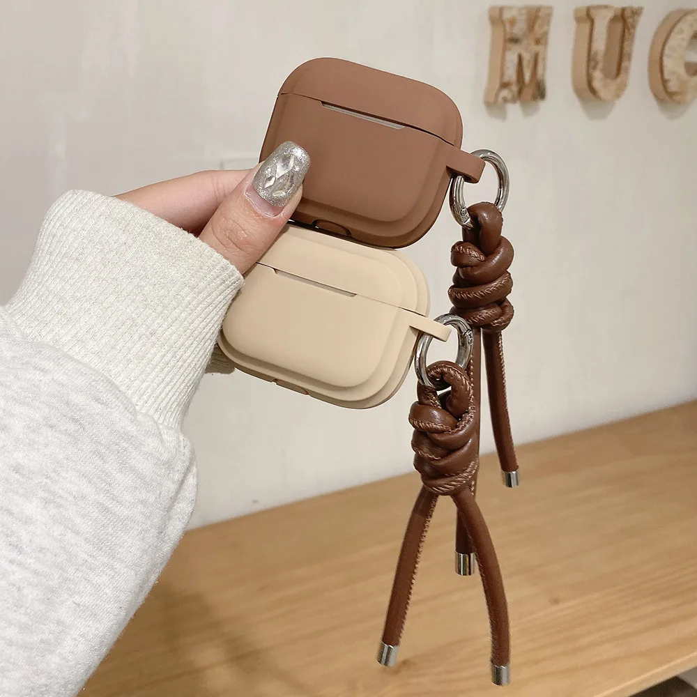 caramel milk tea colour square silicone earphone case for airpods 4 leather woven rope keychain for airpods 1 2 3 pro 2nd coque