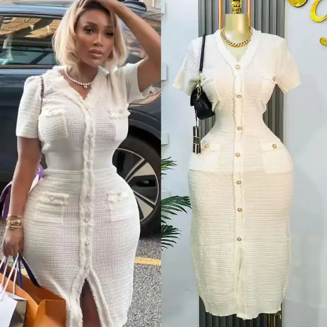 

V Neck Knitted Dress Women Spliced Slim Dresses Single Breasted Short Sleeve Y2k Streetwear Buttons Buttocks Pockets Vestidos