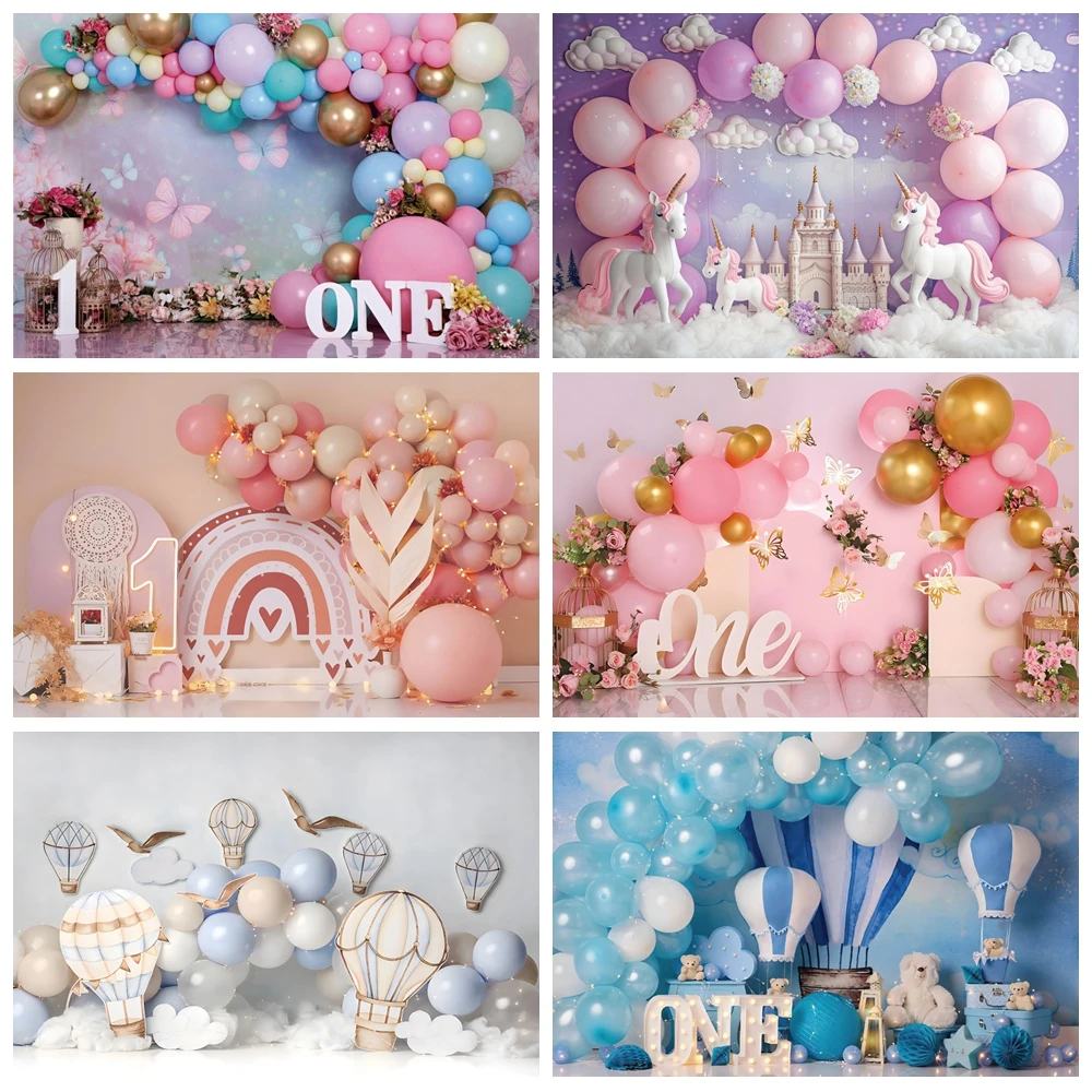 

Newborn Baby 1st Birthday Backdrop for Girl Boy First Birthday Party Cake Smash Boho Balloon Photography Background Photo Studio