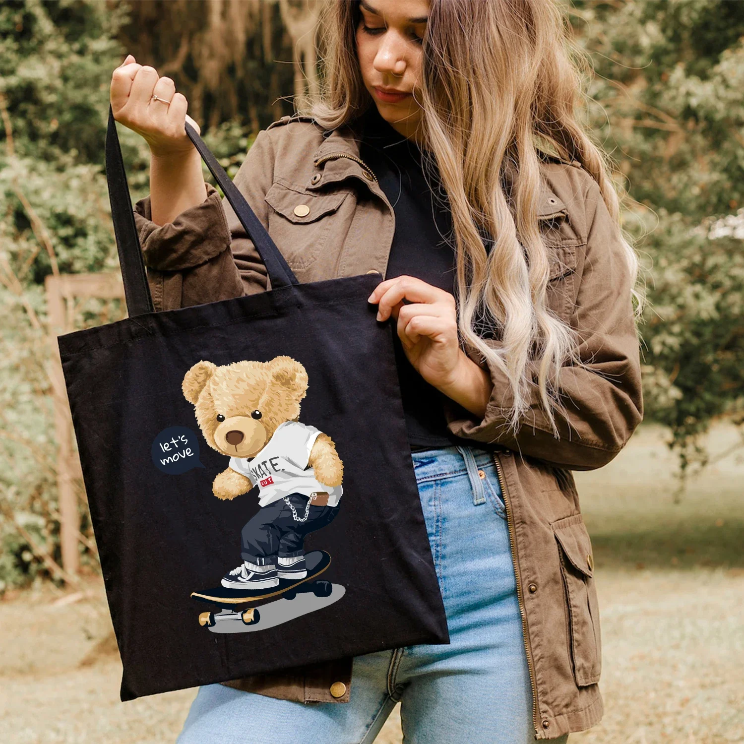 Canvas Tote Bag Cotton Reusable Shopping Bags Eco Bolsa Teddy Bear Skating Let\'s Move Forward Print Single Shoulder