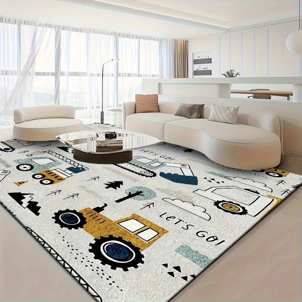 VIKAMA Kids Engineering Car Floor Rug,Anti‑Slip Mat,Cute Tractor Excavator Vehicle Print Carpet for Toddler Play Area Home Decor