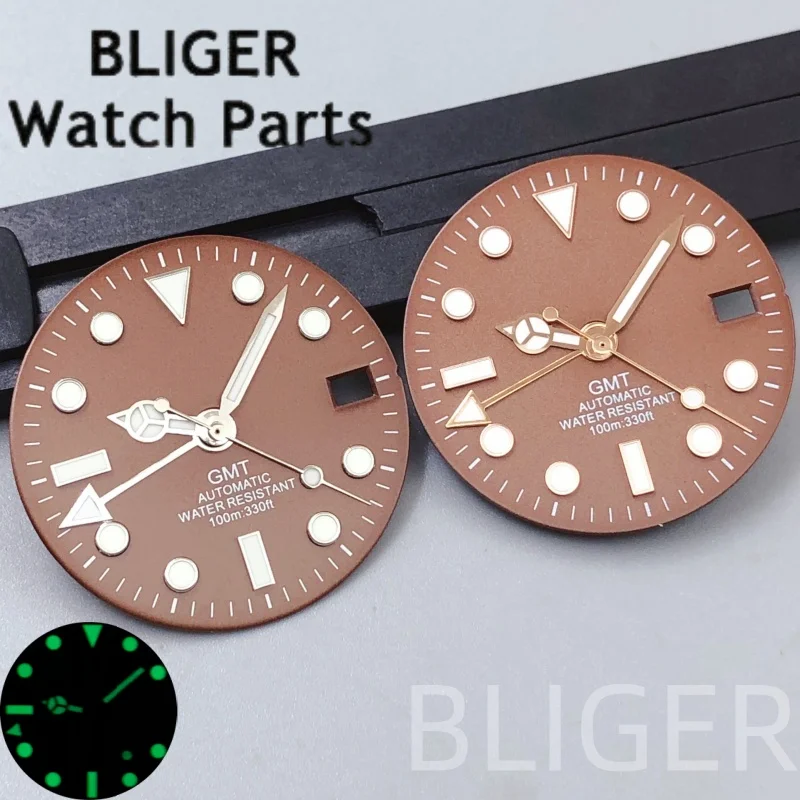 

BLIGER 29 мм ретро коричневый латунный GMT циферблат часов указатели розовое золото/серебро край подходит NH34 механизм мужские аксессуары для часов часть
