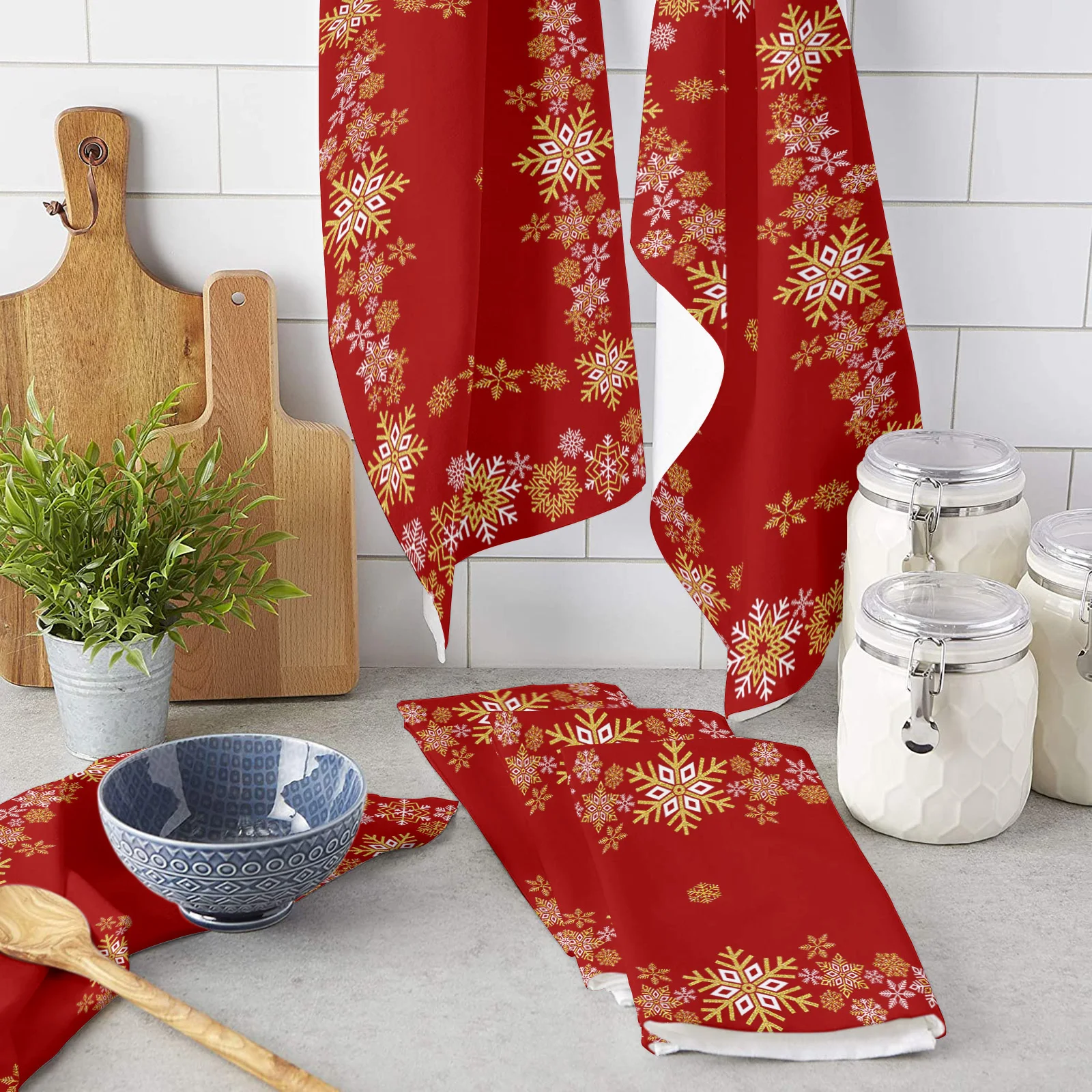 Christmas Winter Snowflake Texture Red Soft Microfiber Kitchen Towel Absorbent Clean Dish Cloth Towels Kichen Cleaning Supplies