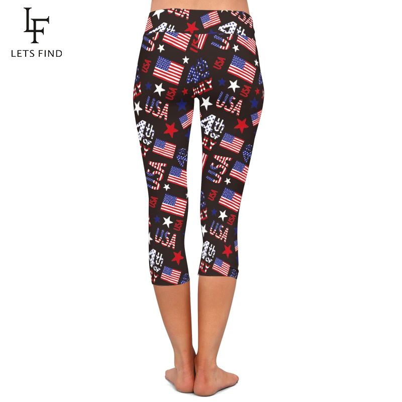 LETSFIND Fashion Women czarne legginsy Capri wydrukowana amerykańska flaga wysokiej talii elastyczne Fitness połowy łydki legginsy na co dzień