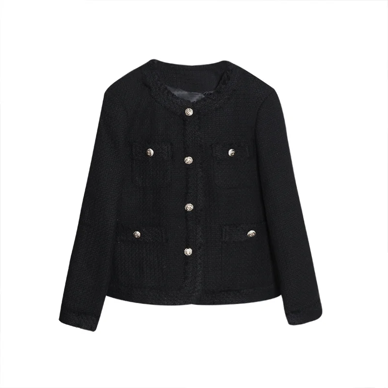 Cropped Tweed Jacket Women Autumn Winter Long Sleeve Vintage Coat Ladies Temperament Round Neck Tassel Korean Outwear Loose
